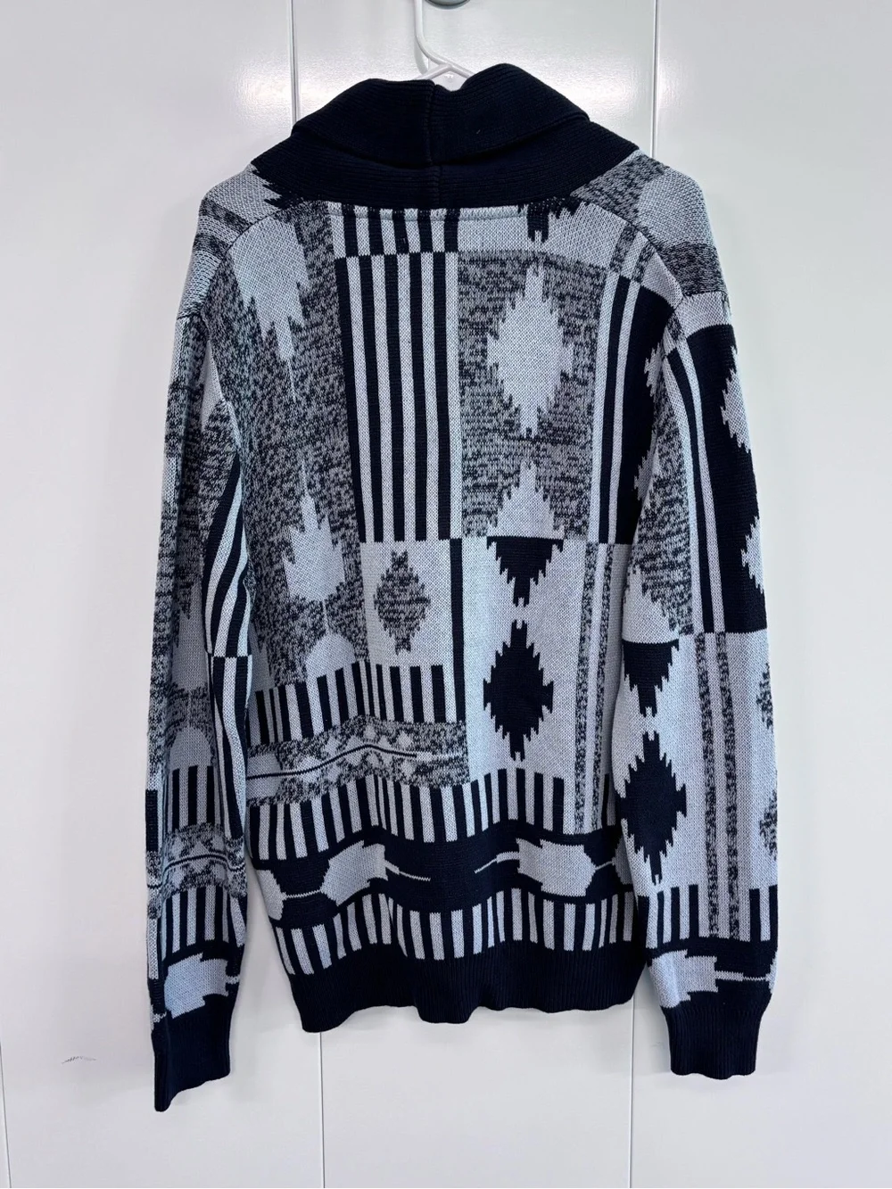Sun+Stone Mens M Navy Blue Geometric Pattern Shawl Collar Cardigan Sweater NWT